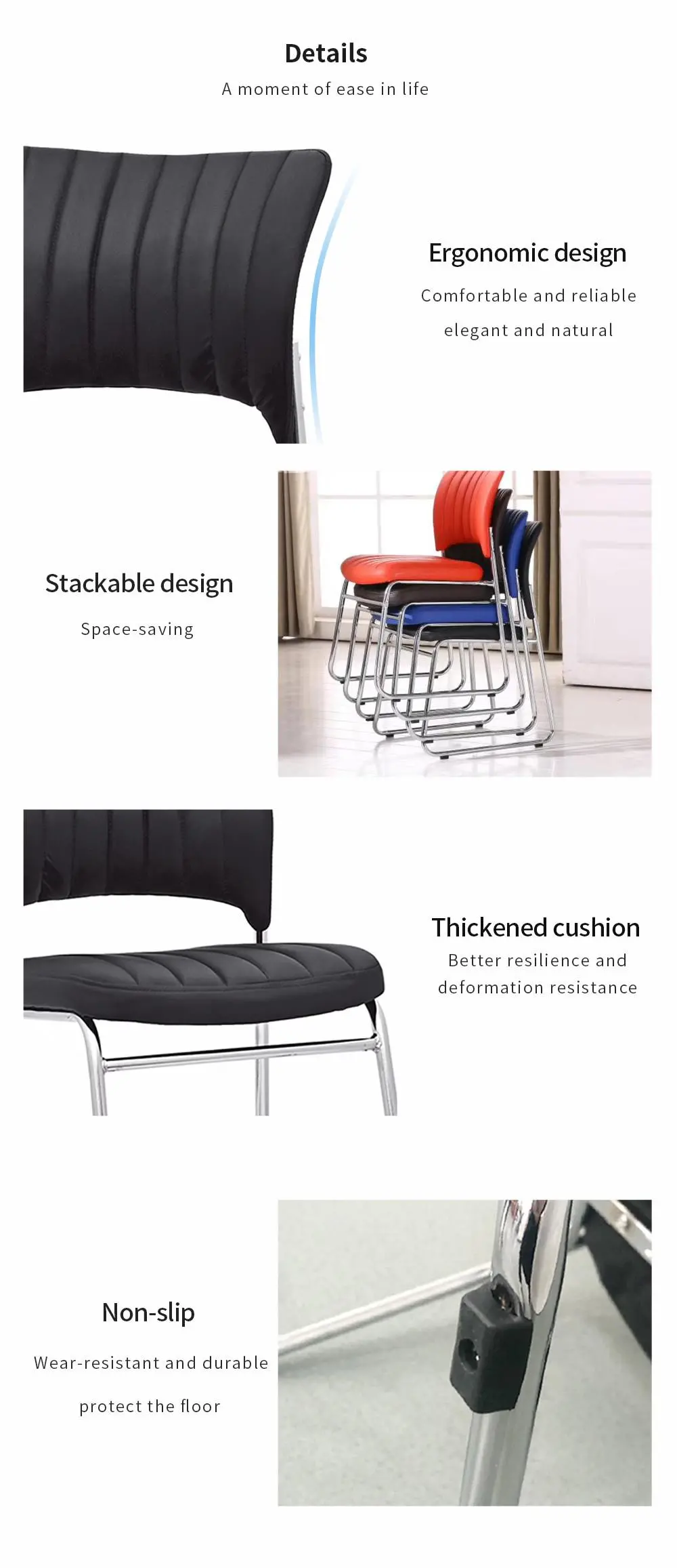 LT-ZET-05 Chrome Plated Steel Tube Frame Stackable Chair with PU Cushion Back and Seat