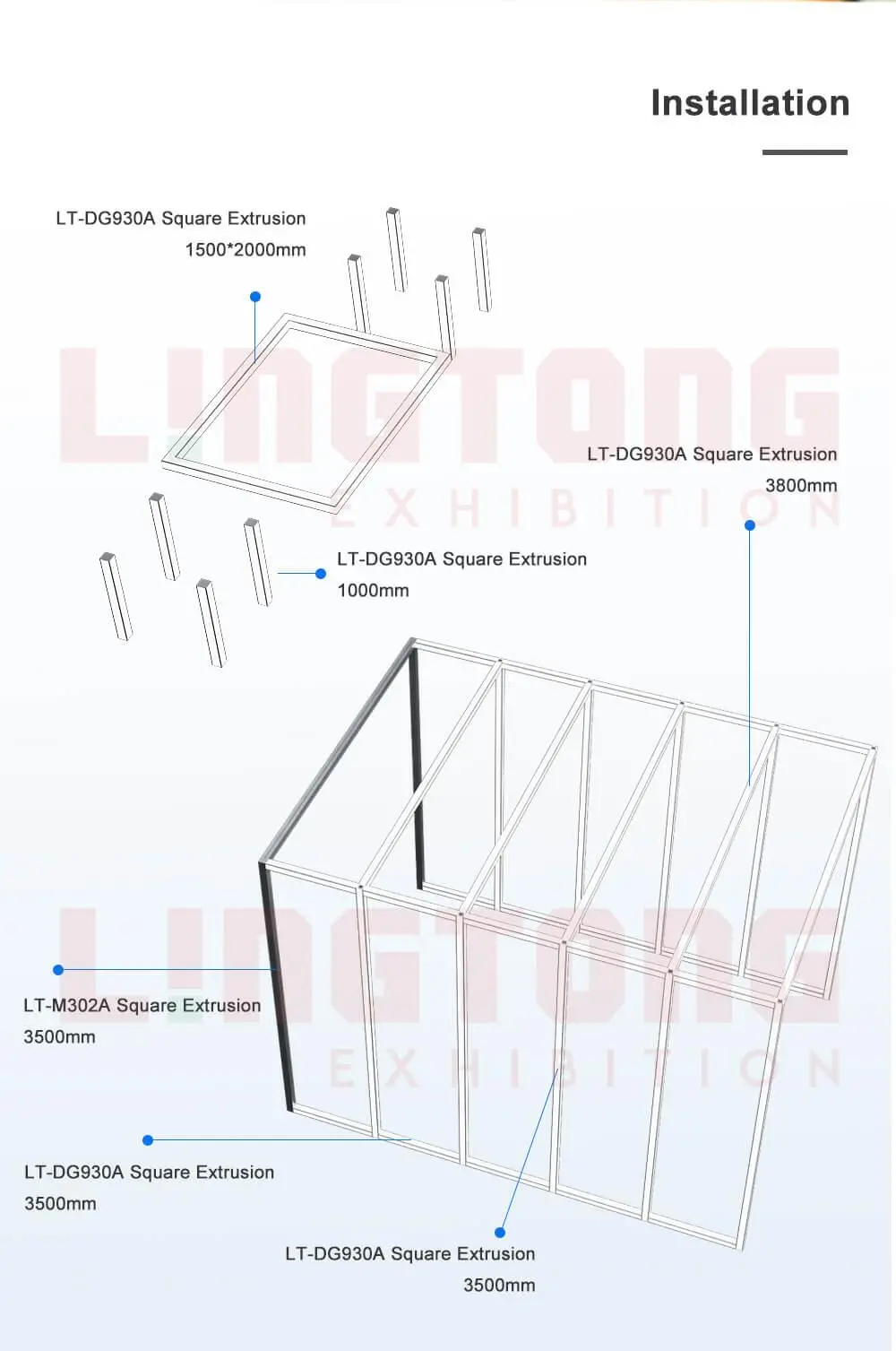 LT-DG930 80mm Square Extrusion four sides open with Led Strips on Four Sides
